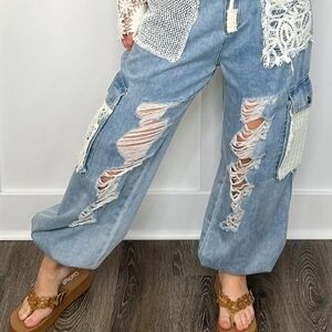 POL Distressed Patchwork Denim Jeans